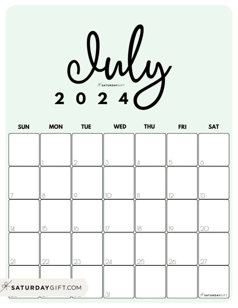 July 2024 Calendar - 20 Cute &amp;amp; Free Printables | Saturdaygift | July 2024 Calendar Printable Vertical