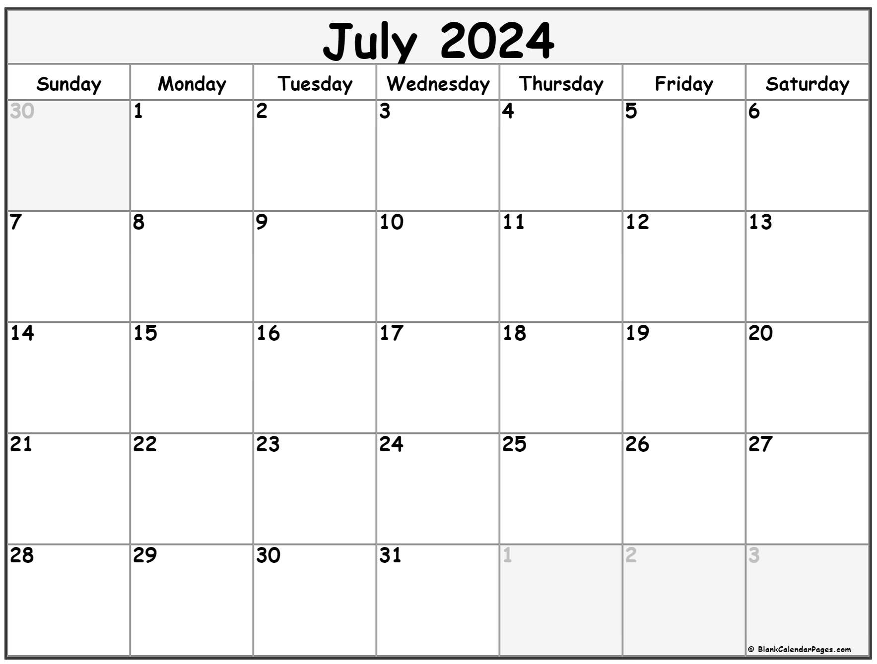 July 2024 Calendar | Free Printable Calendar | Blank July 2024 Calendar Printable