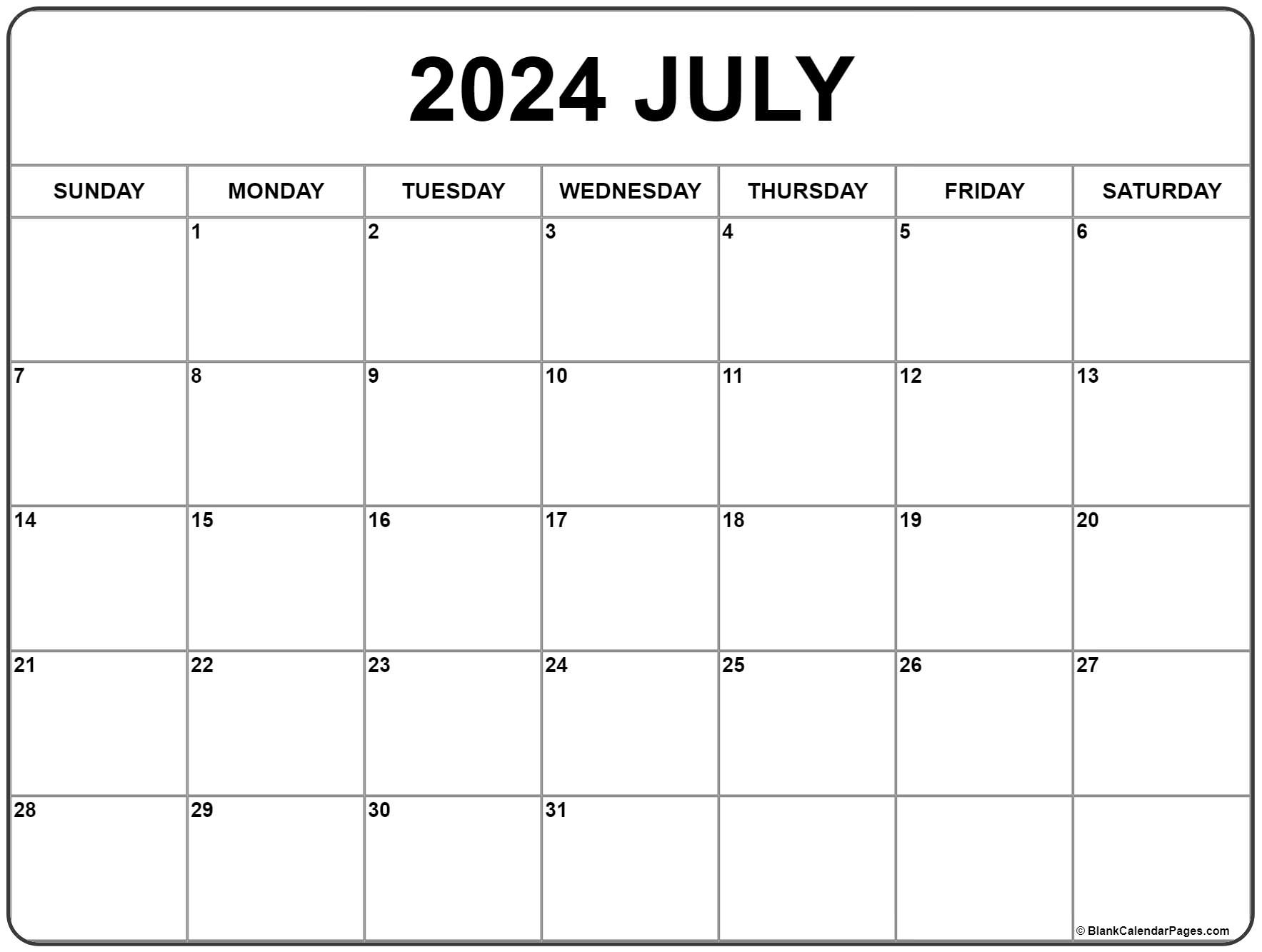 July 2024 Calendar | Free Printable Calendar | Free Printable Weekly Calendar July 2024