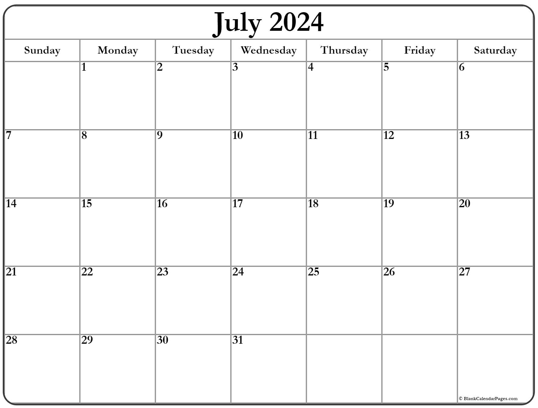 July 2024 Calendar | Free Printable Calendar | Large Printable July 2024 Calendar