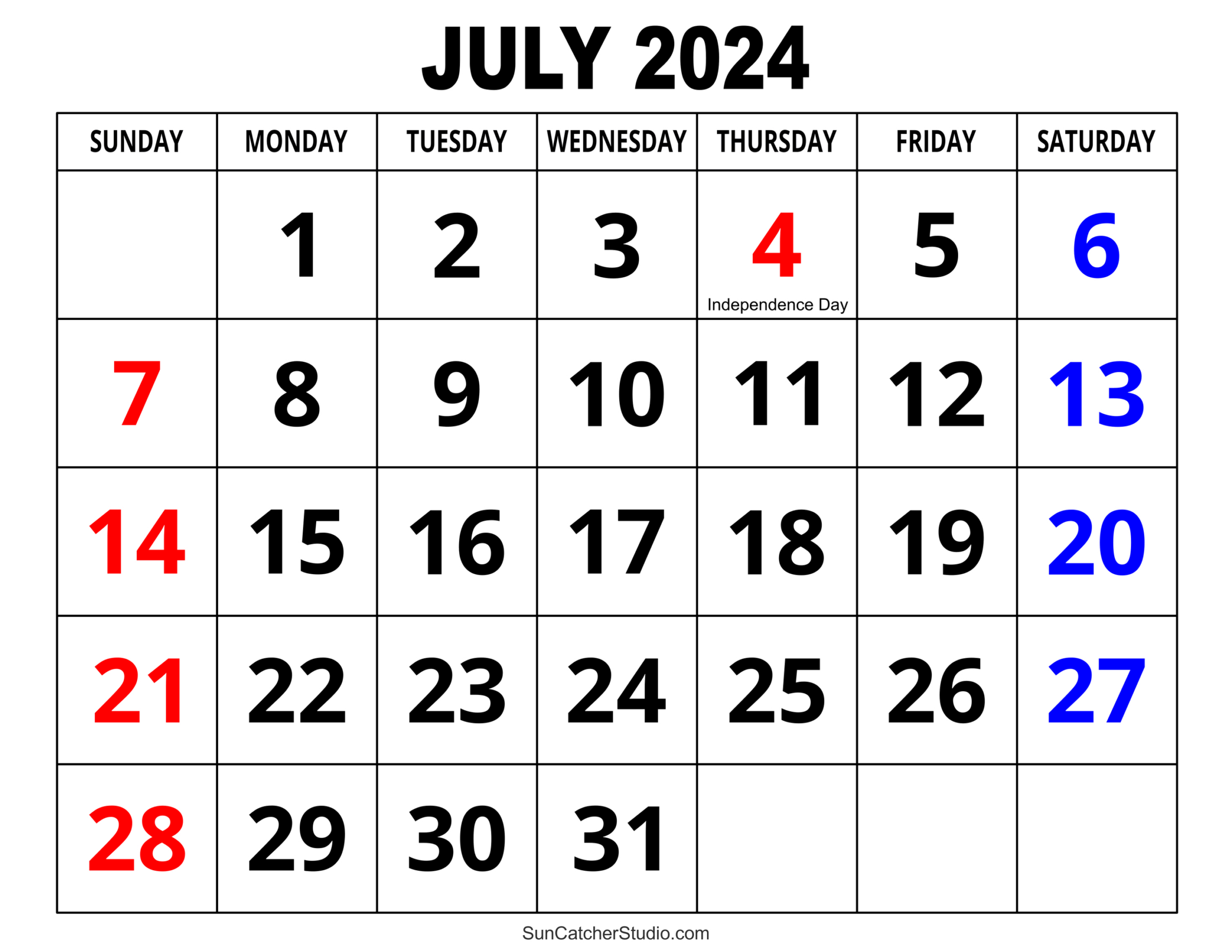 July 2024 Calendar (Free Printable) – Diy Projects, Patterns | Big Calendar July 2024