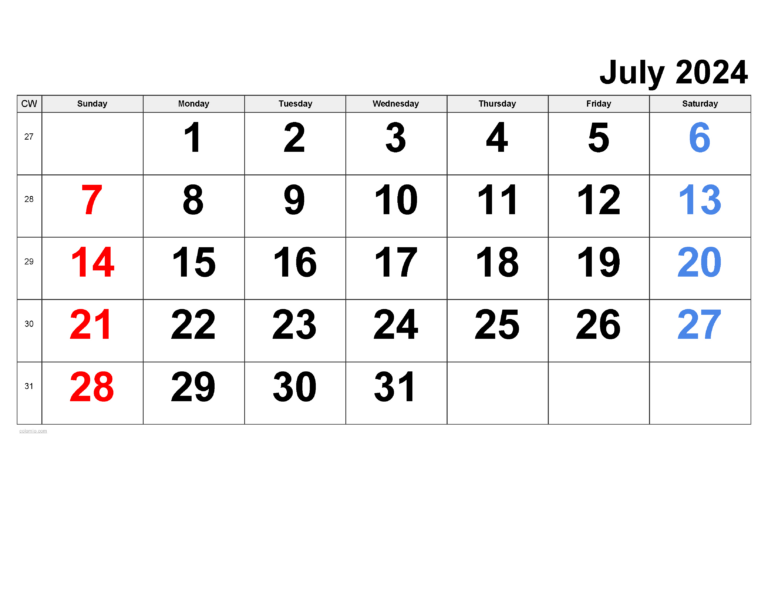 July 2024 Calendar | Free Printable Pdf, Xls And Png | 20 July 2024 Calendar Printable