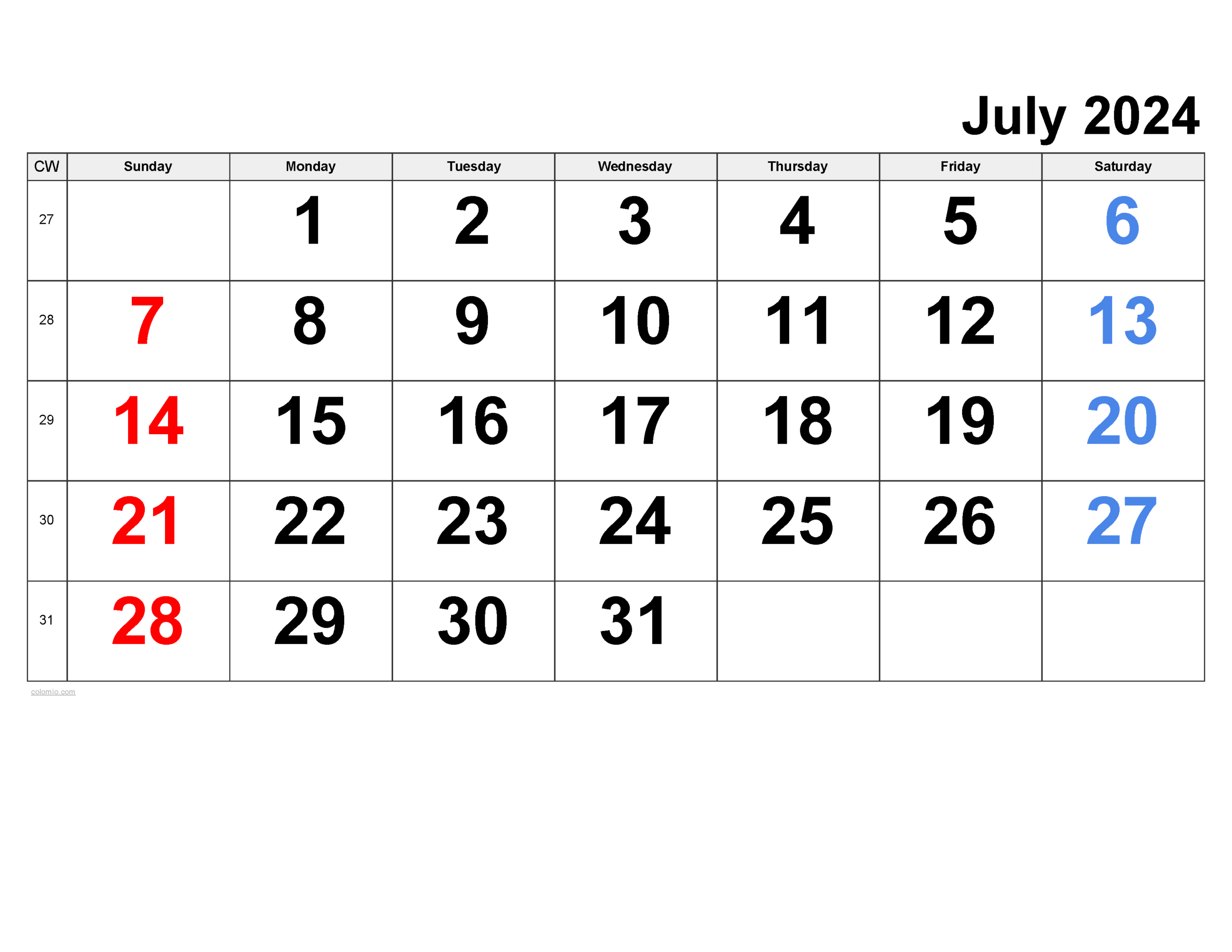 July 2024 Calendar | Free Printable Pdf, Xls And Png | 27 July 2024 Calendar Printable