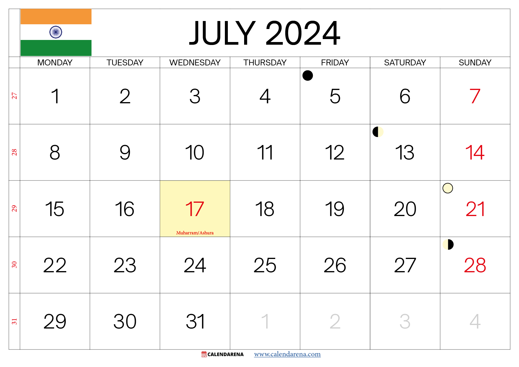 July 2024 Calendar India | Calendar 2024 July India