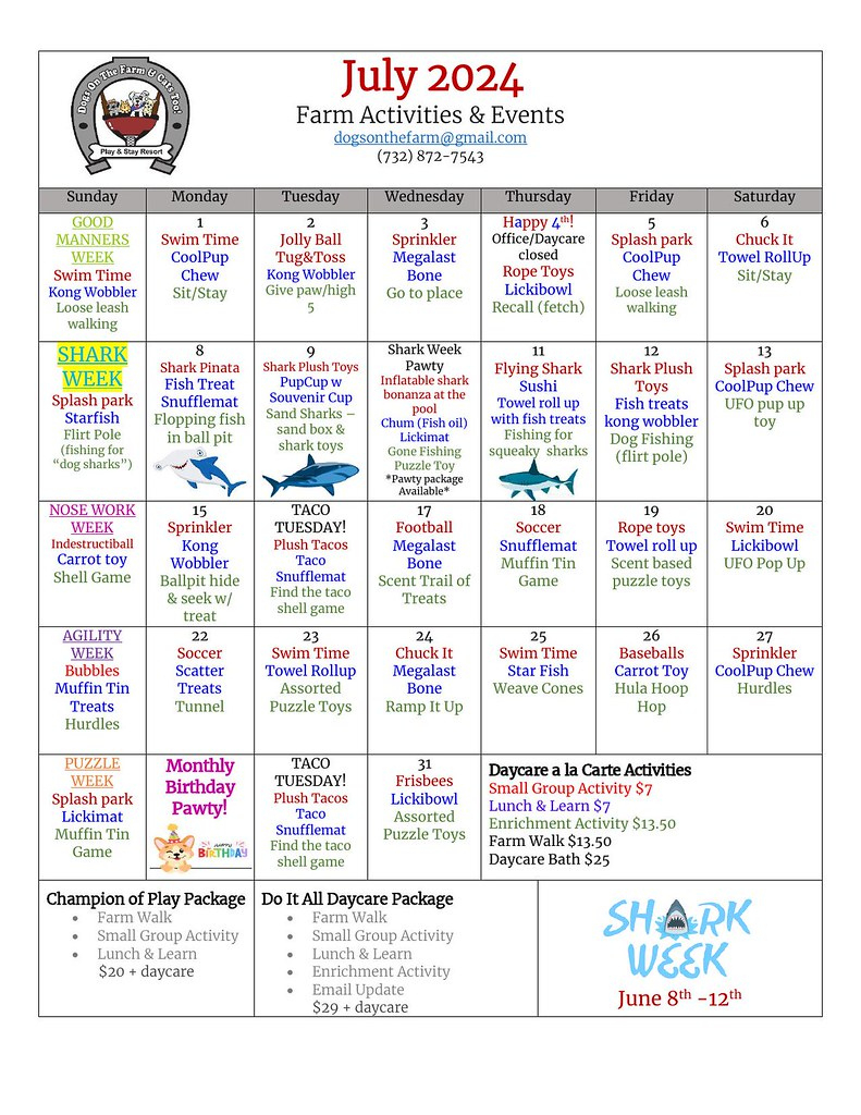 July 2024 Calendar Of Events And Activities | Dogs On The Farm | Activity Calendar For July 2024