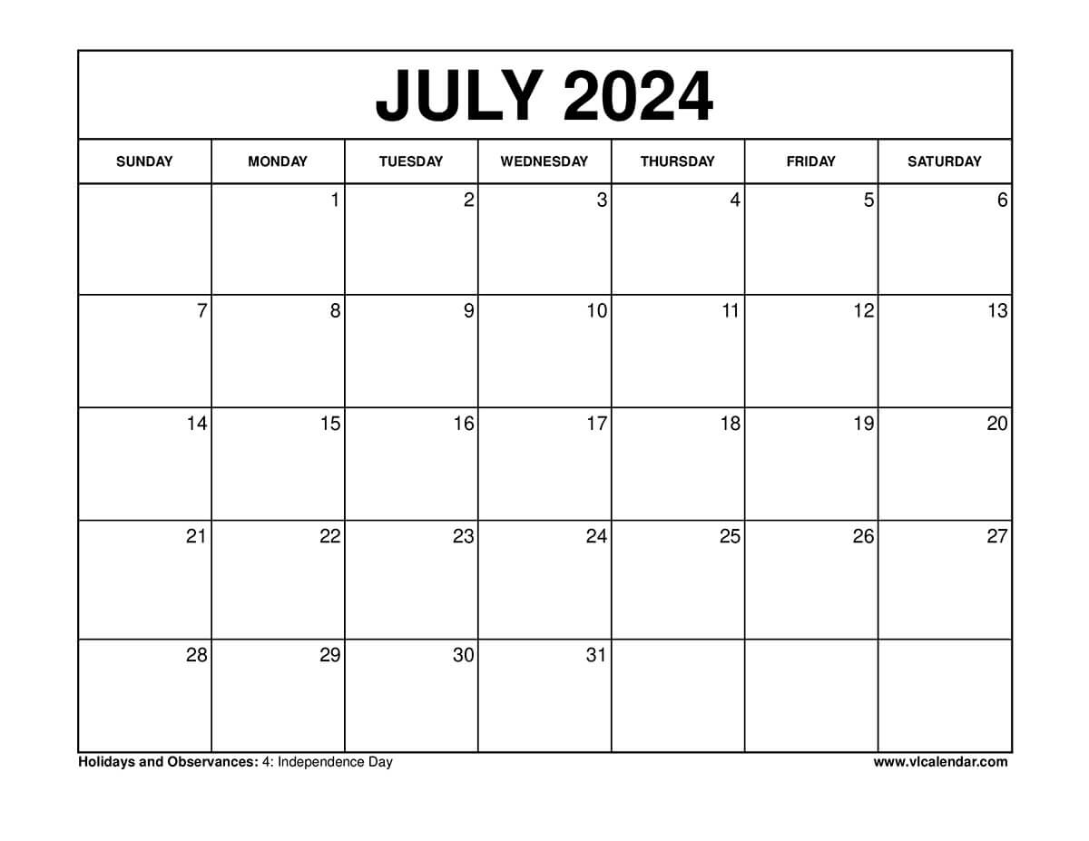 July 2024 Calendar Printable Templates With Holidays | Blank Calendar Template July 2024 Printable