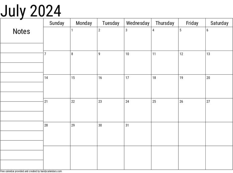 July 2024 Calendar With Notes - Handy Calendars | July Calendar with Notes 2024