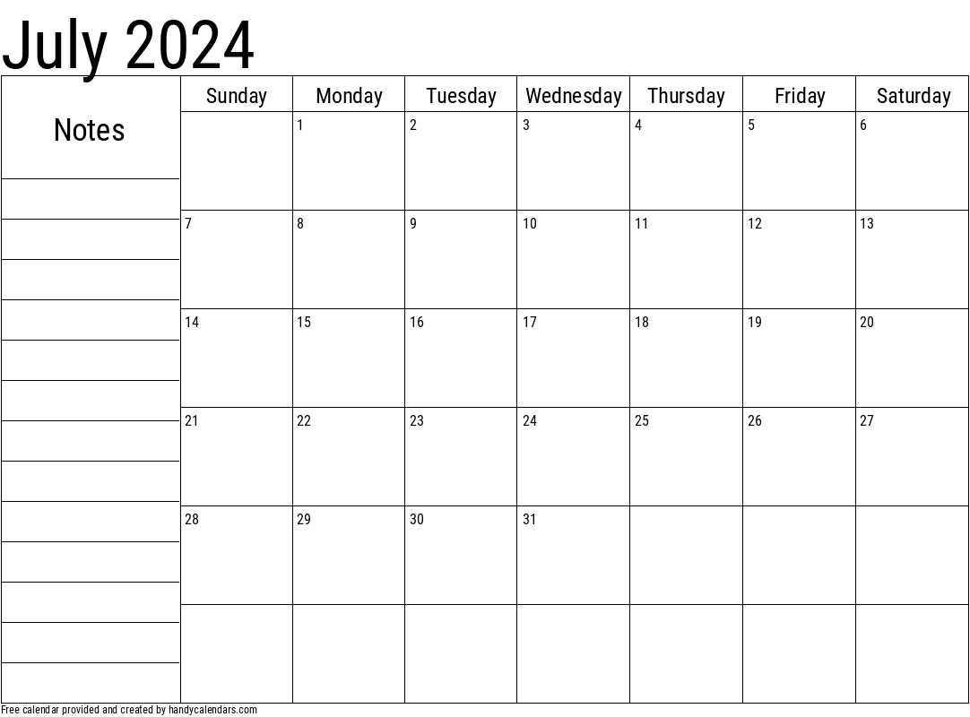 July 2024 Calendar With Notes - Handy Calendars | July Calendar With Notes 2024