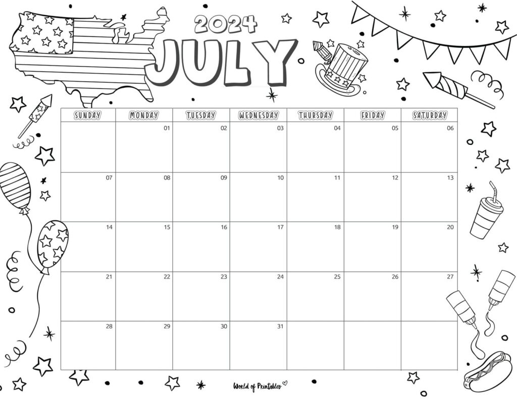 July 2024 Calendars | 100+ Best - World Of Printables | July Calendar Coloring Page 2024