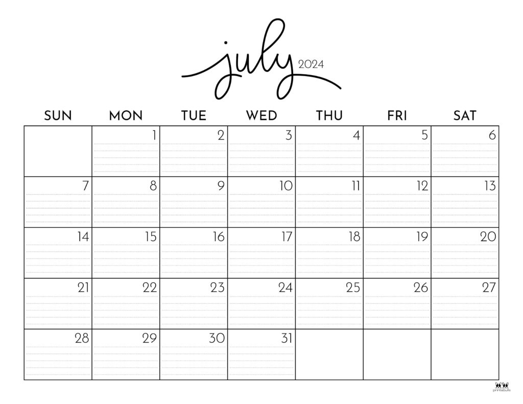 July 2024 Calendars - 50 Free Printables | Printabulls | A Calendar For The Month Of July 2024