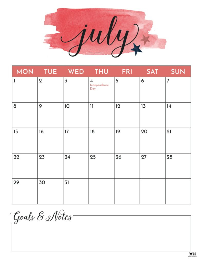 July 2024 Calendars - 50 Free Printables | Printabulls | Calendar July 2024 With Notes