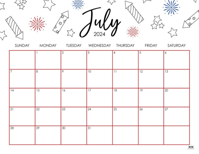 July 2024 Calendars - 50 Free Printables | Printabulls | Cute Printable July Calendar 2024