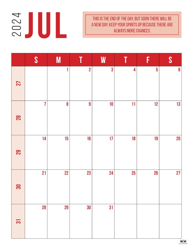 July 2024 Calendars - 50 Free Printables | Printabulls | July Fun Calendar Ideas 2024