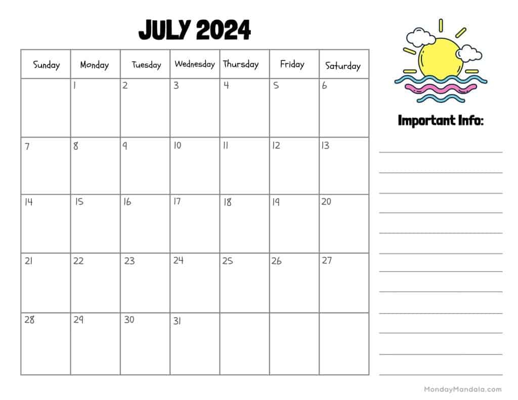 July 2024 Calendars (52 Free Pdf Printables) | 2Nd July 2024 Calendar Printable