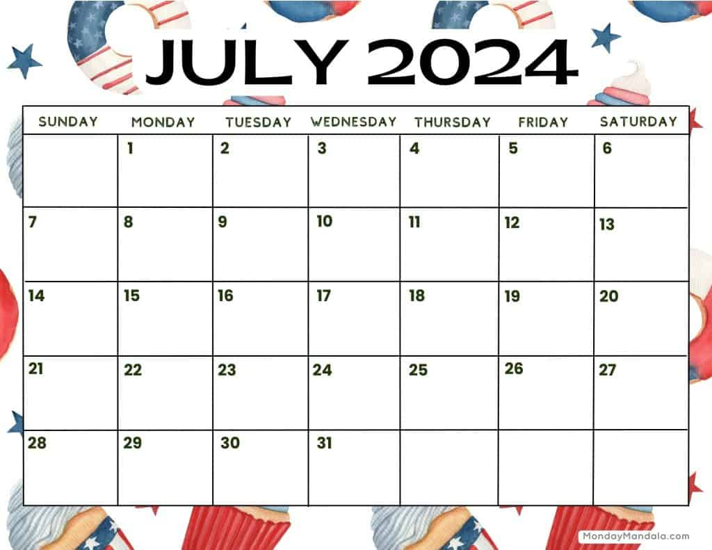 July 2024 Calendars (52 Free Pdf Printables) | Fourth Of July Calendar 2024