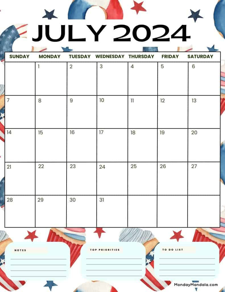 July 2024 Calendars (52 Free Pdf Printables) | Fourth Of July Calendar Ideas 2024