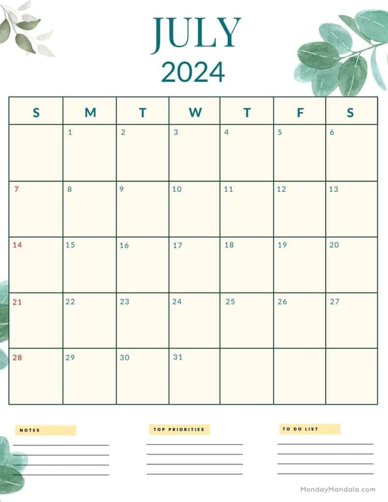 July 2024 Calendars (52 Free Pdf Printables) | July 2024 Printable Calendar Portrait
