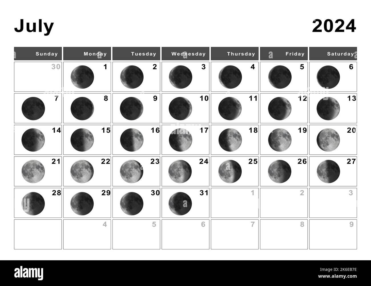 July 2024 Lunar Calendar, Moon Cycles, Moon Phases Stock Photo - Alamy | July Moon Phase Calendar 2024