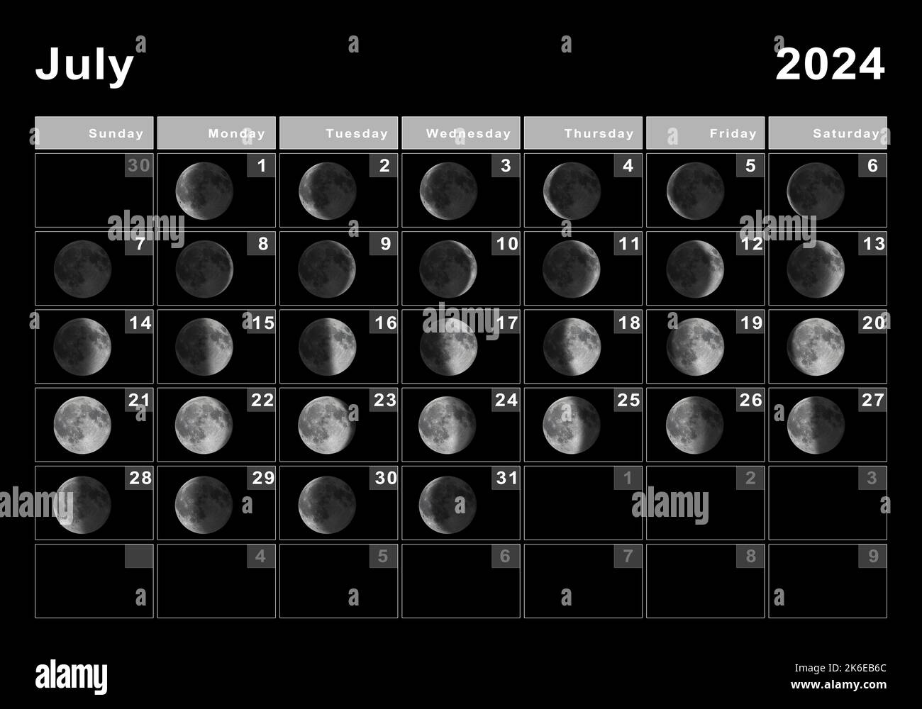 July 2024 Lunar Calendar, Moon Cycles, Moon Phases Stock Photo - Alamy | Moon Phase Calendar July 2024