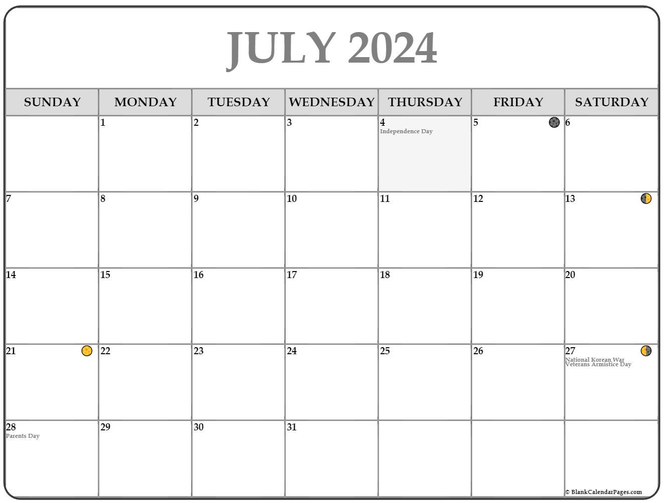 July 2024 Lunar Calendar | Moon Phase Calendar | 2024 July Moon Calendar