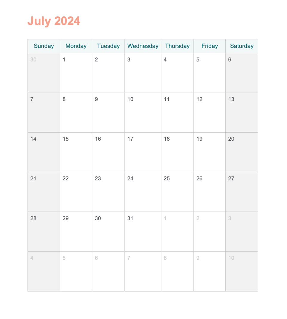 July 2024 Printable Calendar With Word - Agendrix | July 2024 Printable Calendar Word