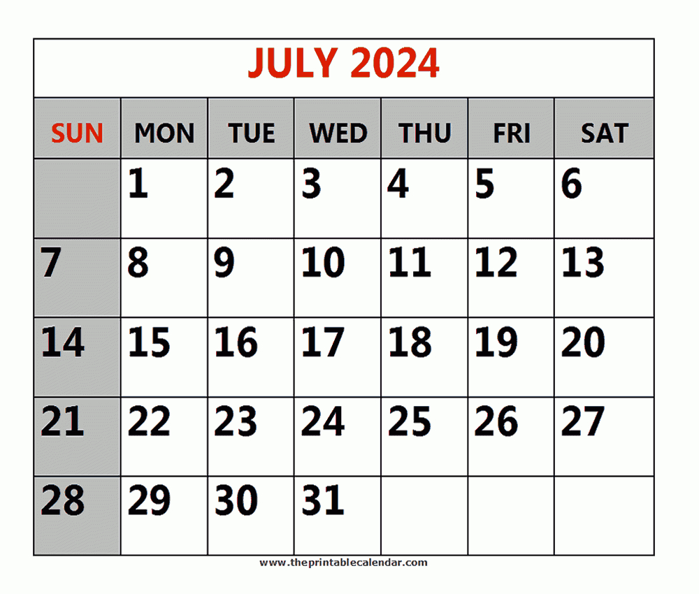 July 2024 Printable Calendars | 7th July 2024 Calendar Printable