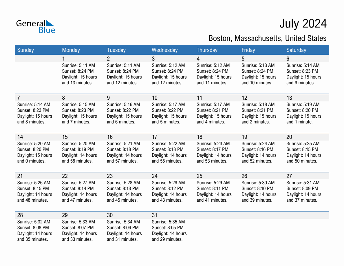 July 2024 Sunrise And Sunset Calendar For Boston (Pdf, Excel, Word) | Boston Calendar July 2024