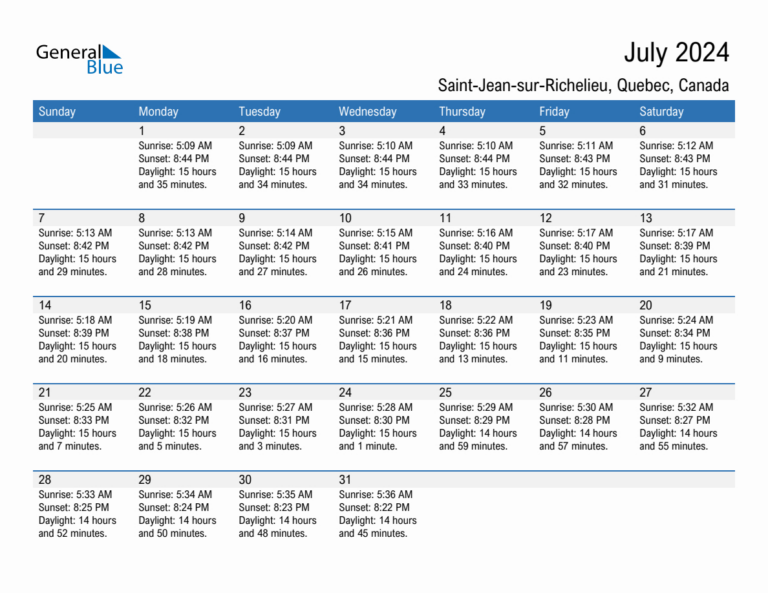 July 2024 Sunrise And Sunset Calendar For Saint-Jean-Sur-Richelieu | Calendar Of Saints July 2024