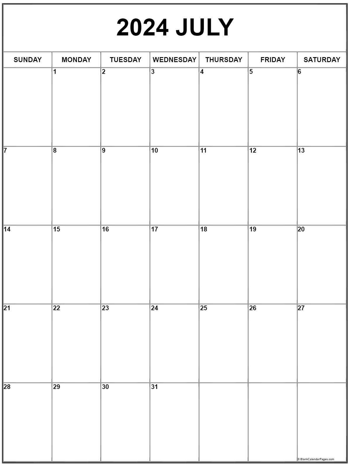 July 2024 Vertical Calendar | Portrait | 12Th July 2024 Calendar Printable