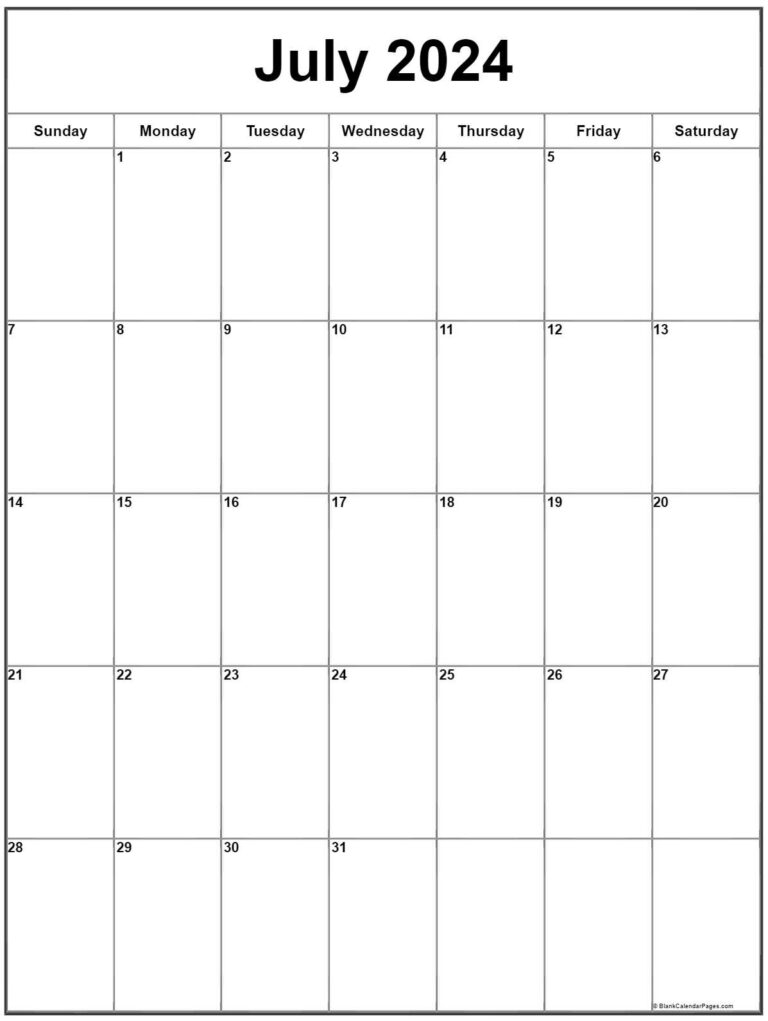 July 2024 Vertical Calendar | Portrait | July 2024 Calendar Printable Portrait