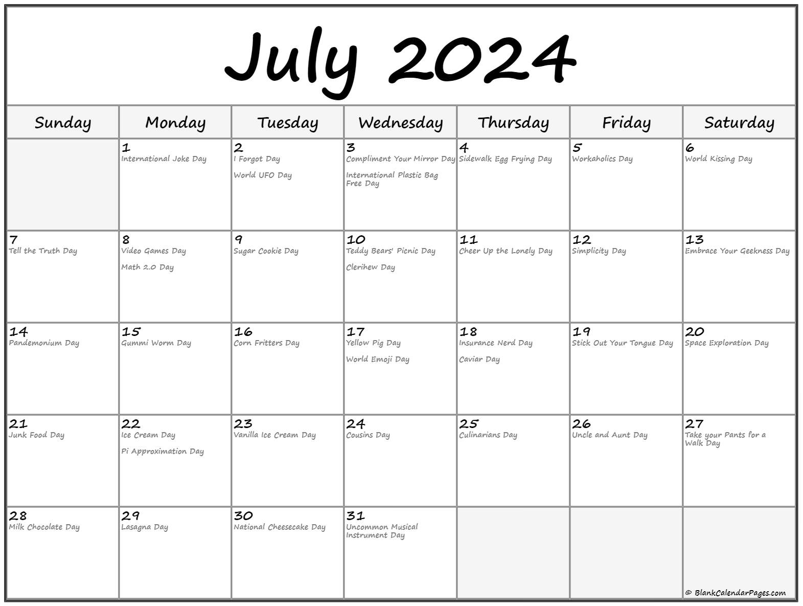 July 2024 With Holidays Calendar | Fun Calendar Days In July 2024