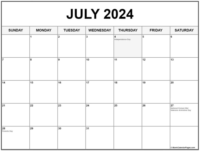 July 2024 With Holidays Calendar | July 2024 Calendar With Holidays Printable Free