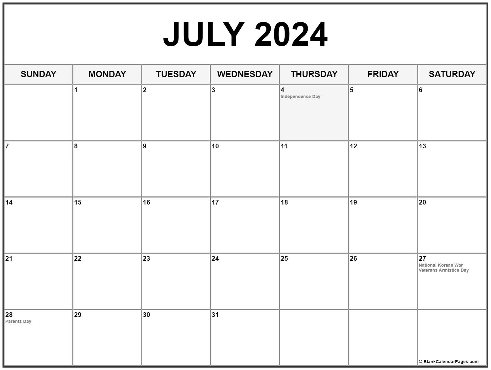 July 2024 With Holidays Calendar | July 2024 Calendar With Holidays Printable Free