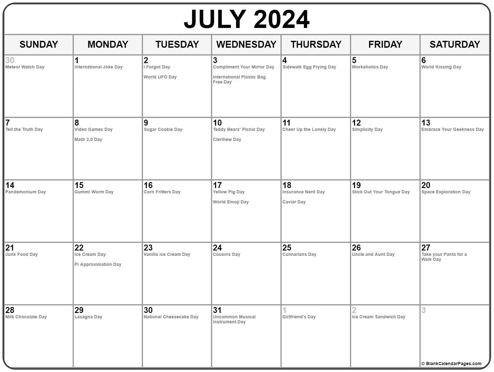 July 2024 With Holidays Calendar | July Calendar National Days 2024