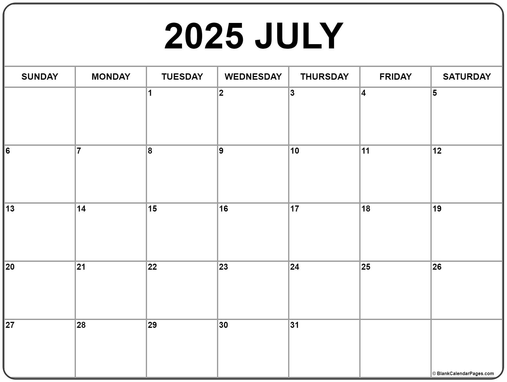 July 2025 Calendar | Free Printable Calendar | Calendar For July 2025