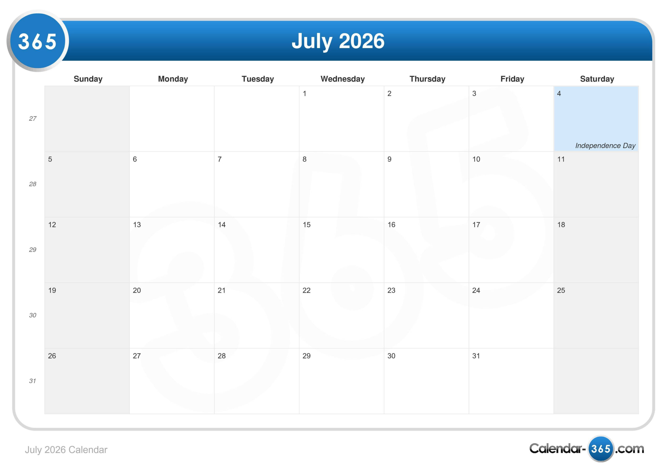 July 2026 Calendar | Calendar For July 2026