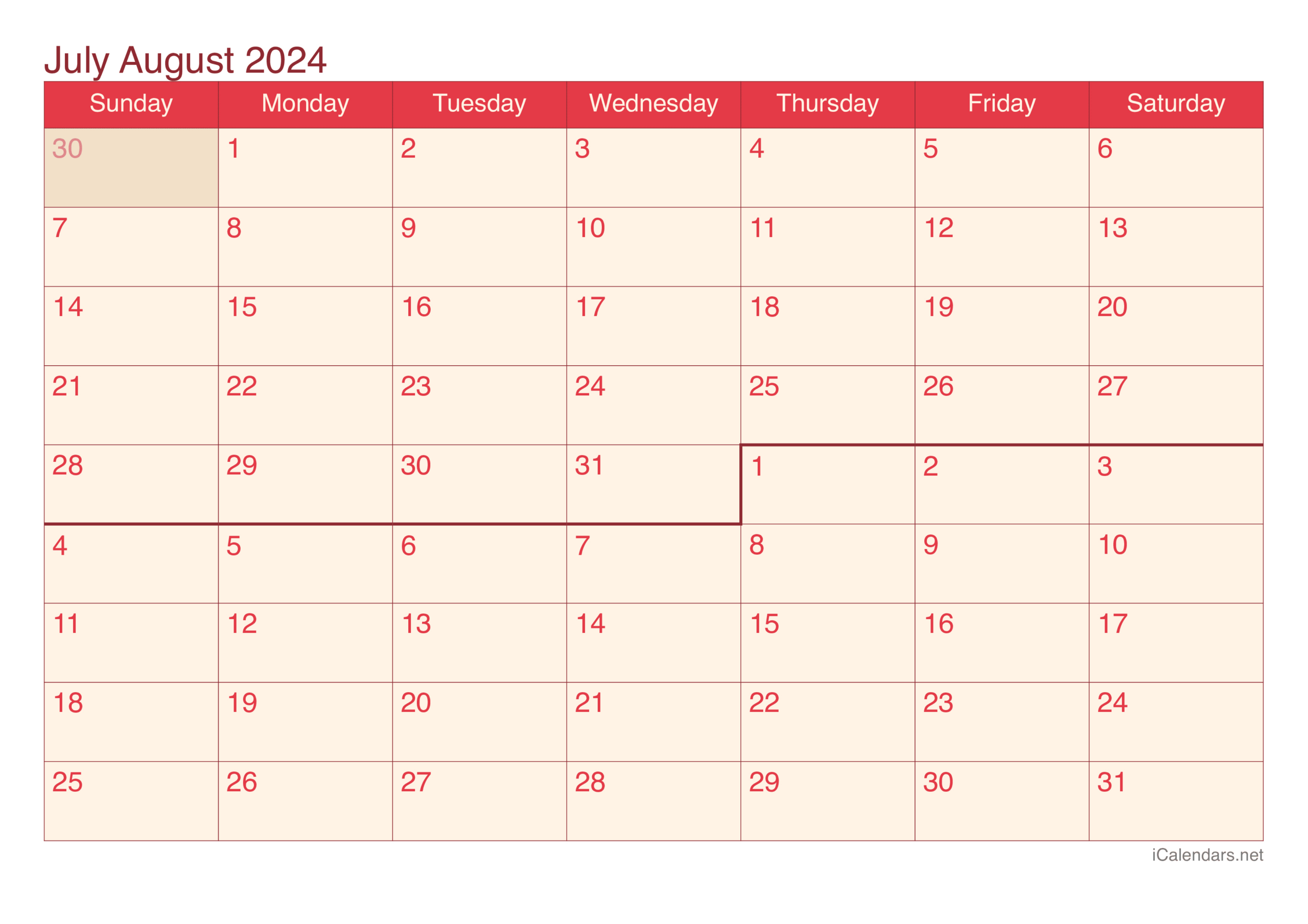 July And August 2024 Printable Calendar | 2024 Calendar July And August
