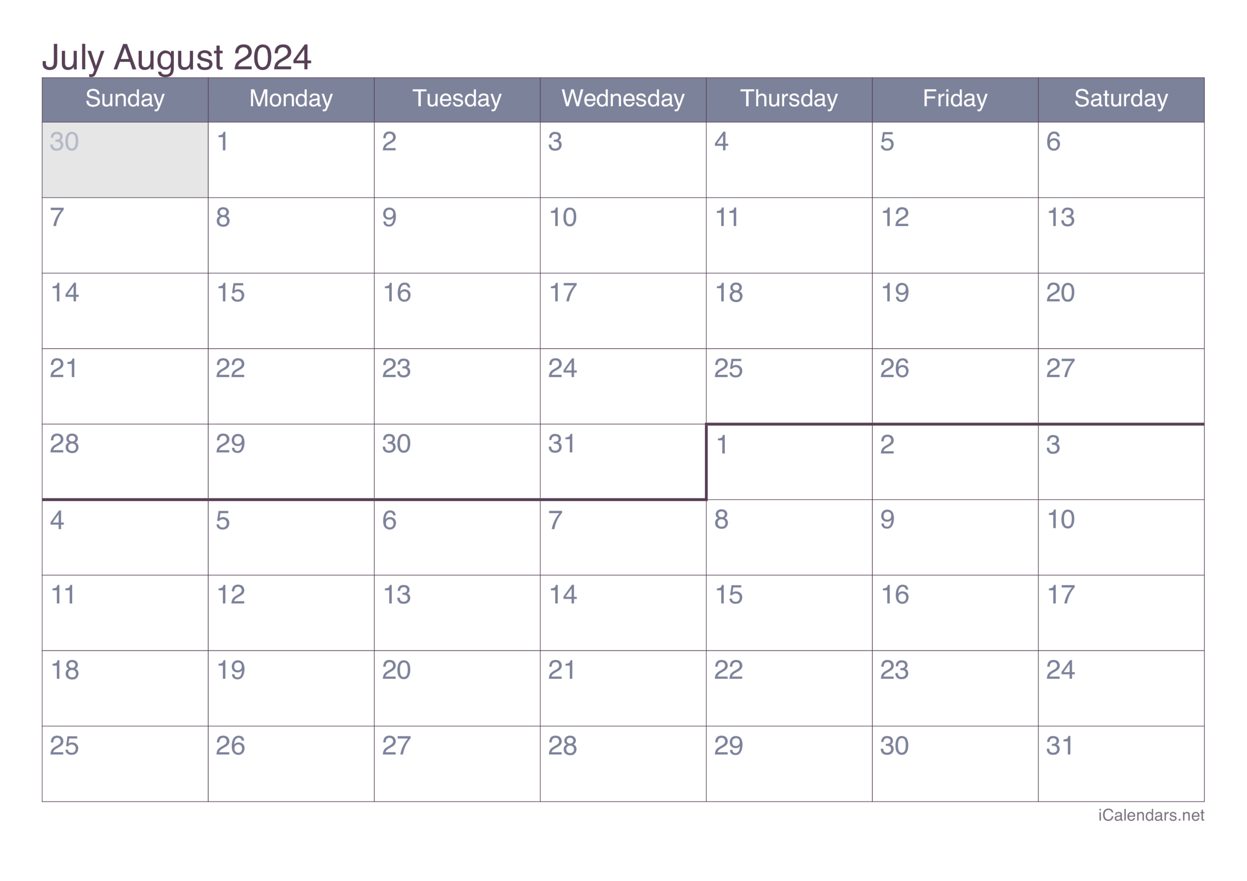 July And August 2024 Printable Calendar | 2024 Calendar July August