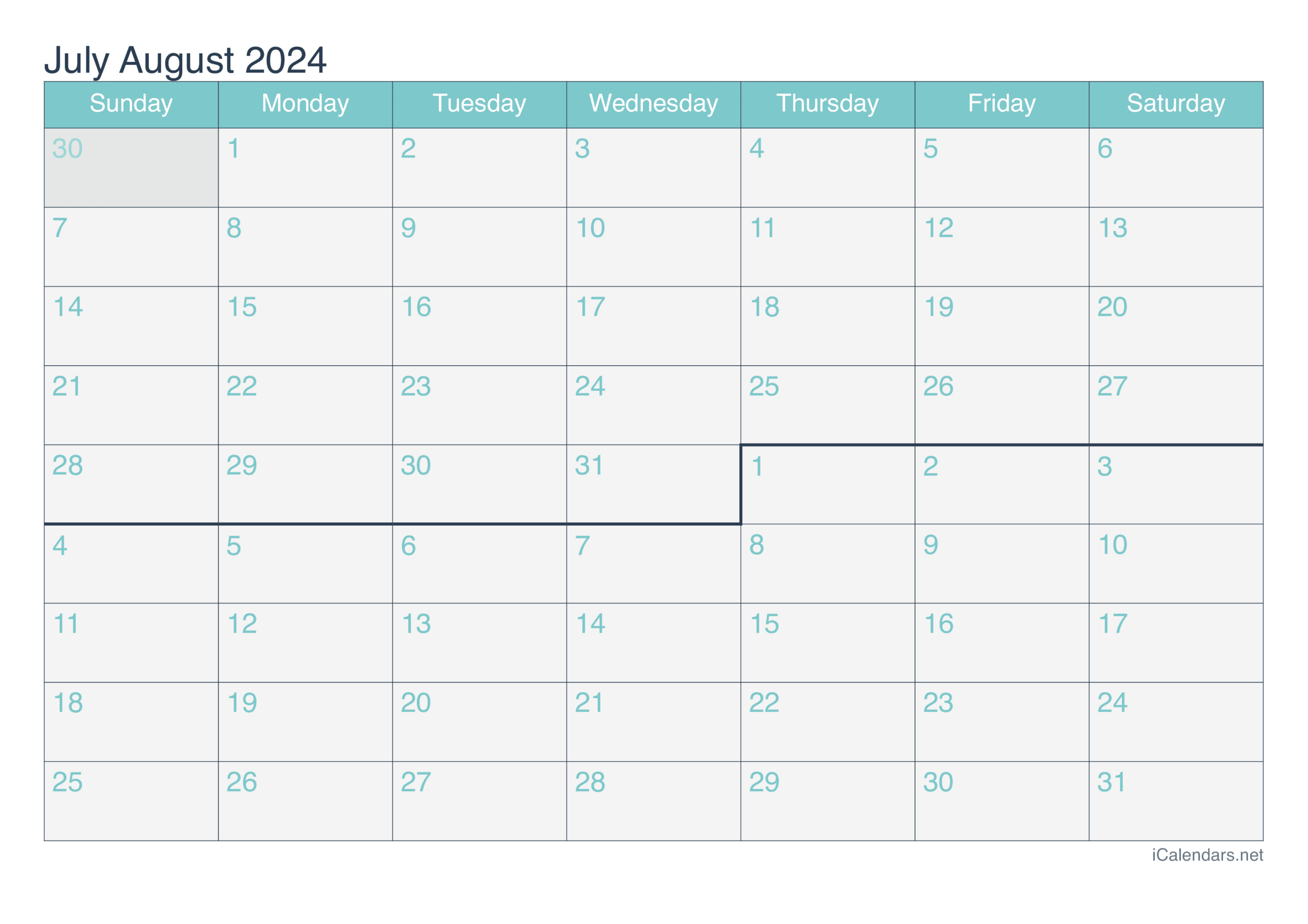 July And August 2024 Printable Calendar | July - August 2024 Calendar
