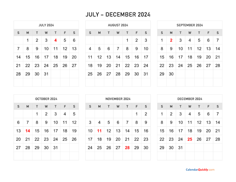 July To December 2024 Calendar Horizontal | Calendar Quickly | Calendar 2024 July - Dec