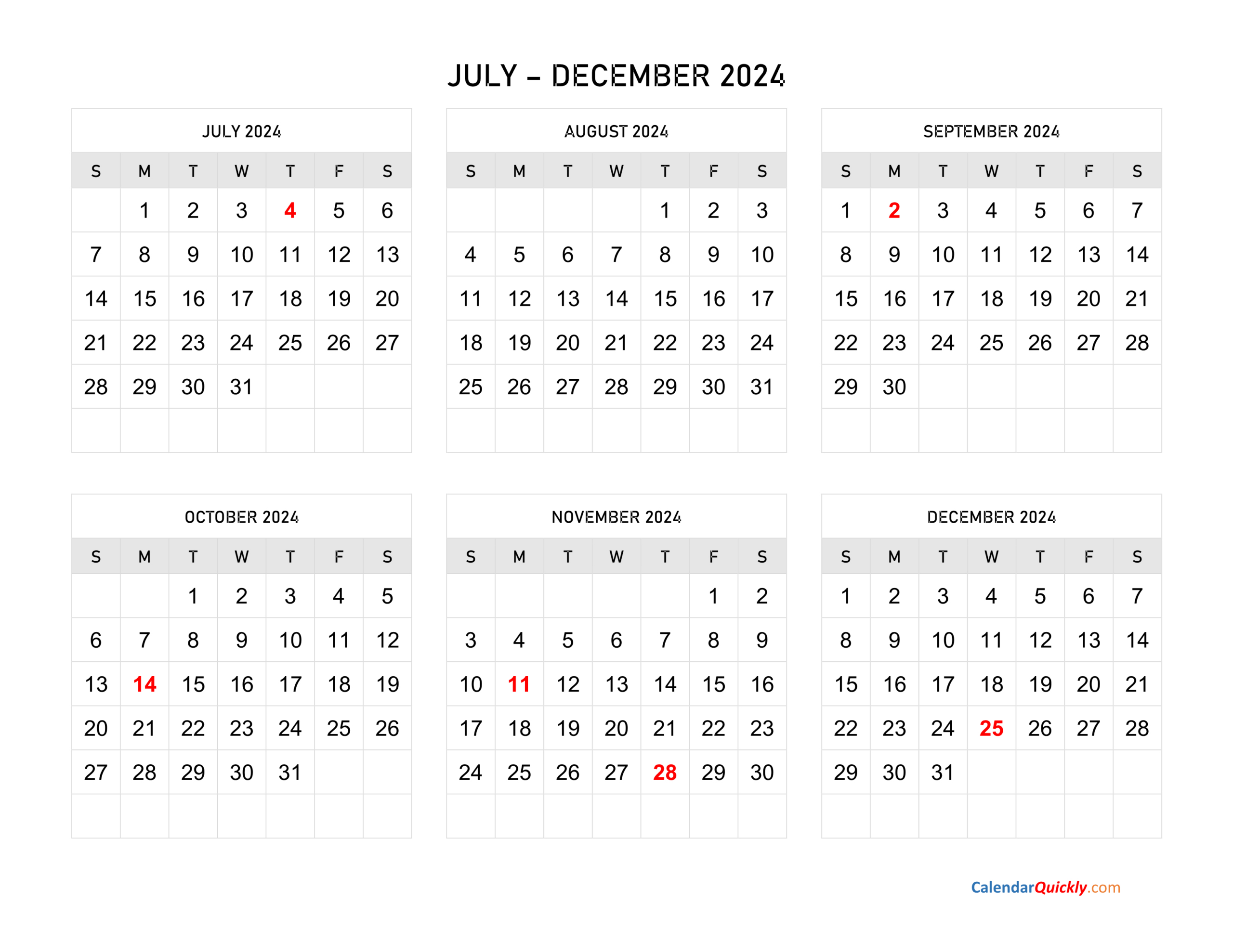 July To December 2024 Calendar Horizontal | Calendar Quickly | Calendar 2024 July - Dec