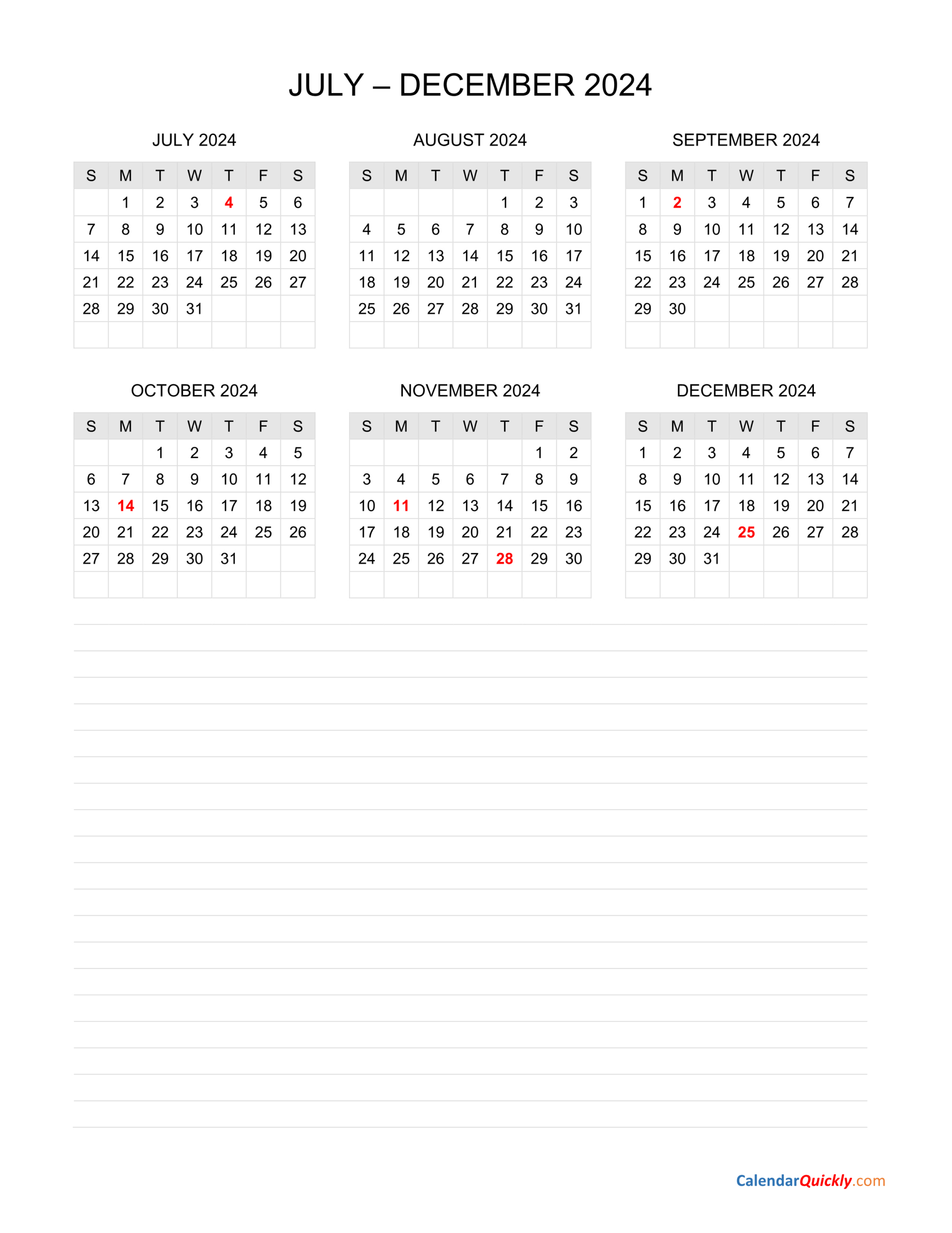July To December 2024 Calendar With Notes | Calendar Quickly | July - December 2024 Calendar