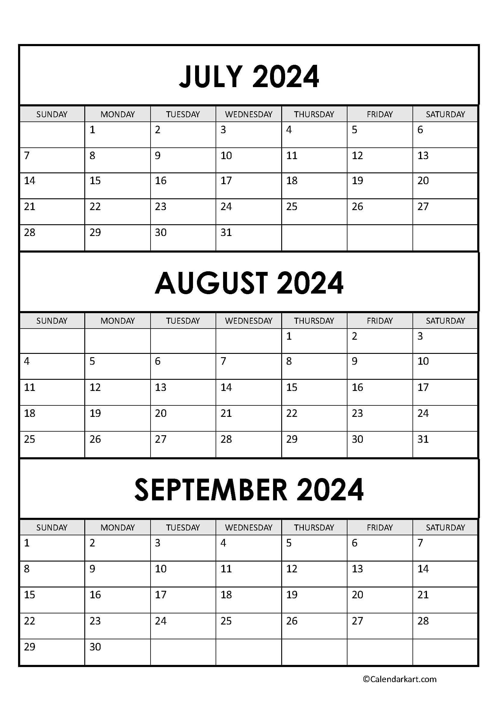 July To September 2024 Calendar (Q3) - Calendarkart | 3 Month Calendar July August September 2024
