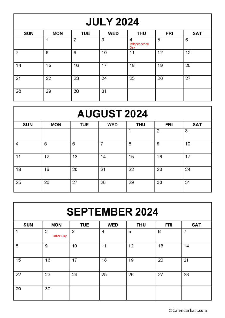 July To September 2024 Calendar (Q3) - Calendarkart | Calendar For July August and September 2024