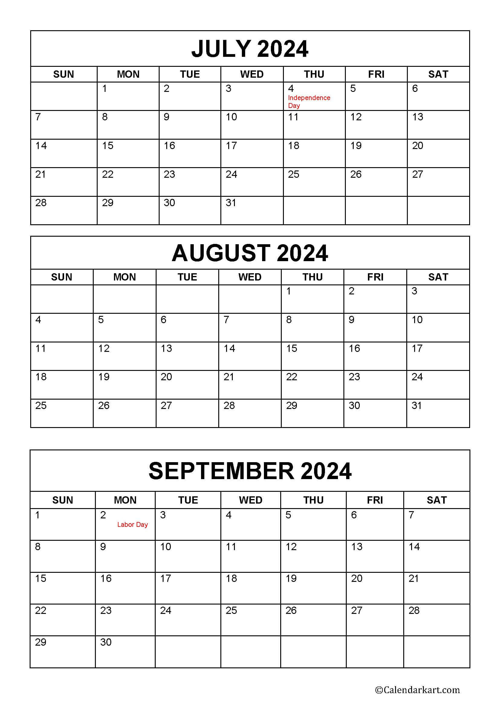 July To September 2024 Calendar (Q3) - Calendarkart | July Aug Sept 2024 Calendar Printable