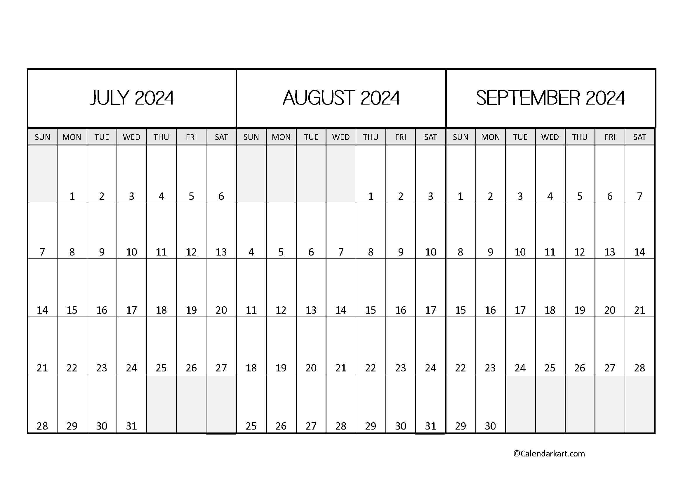 July To September 2024 Calendar (Q3) - Calendarkart | July August September 2024 Calendar Printable