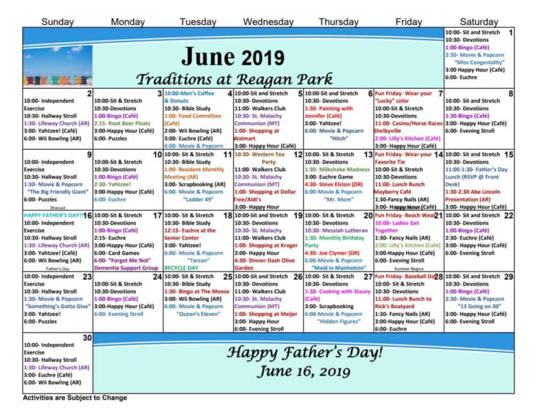 June Calendar: Assisted Living | Traditions At Reagan Park | June Activity Calendar For Assisted Living