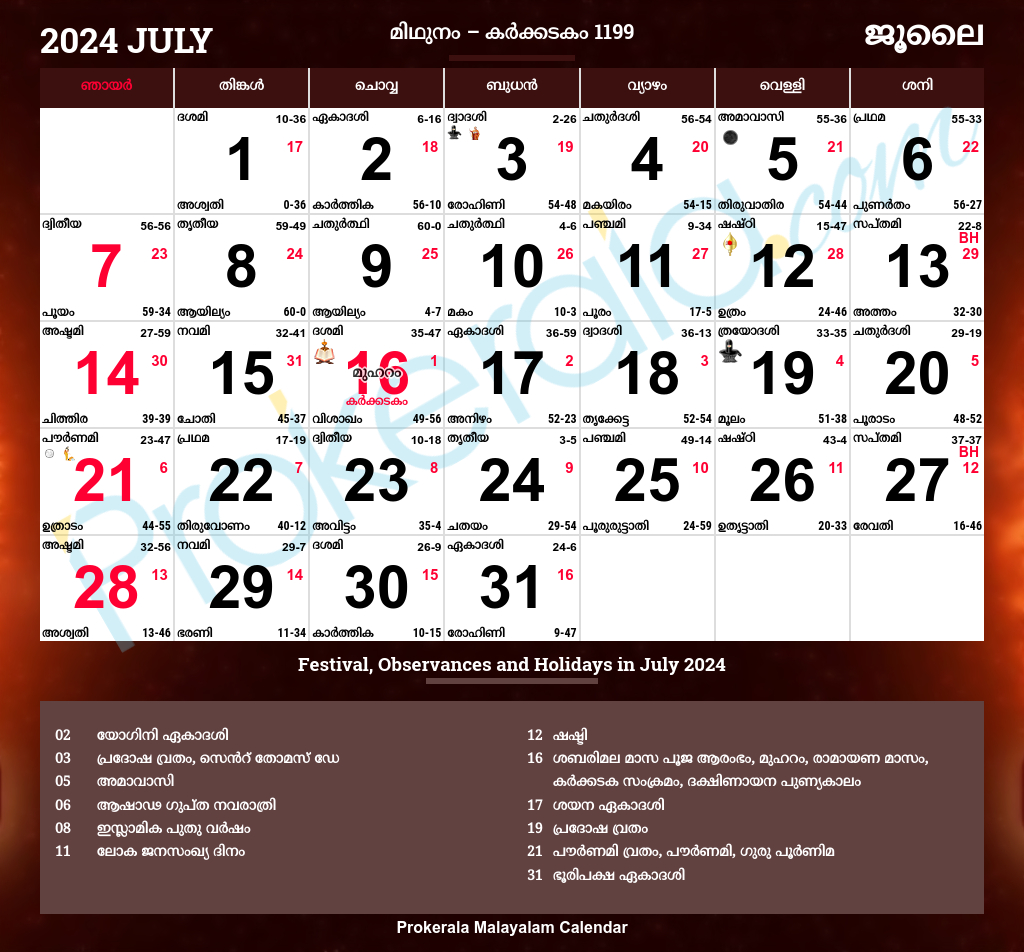 Malayalam Calendar 2024, July | 2024 July Calendar With Nakshatra