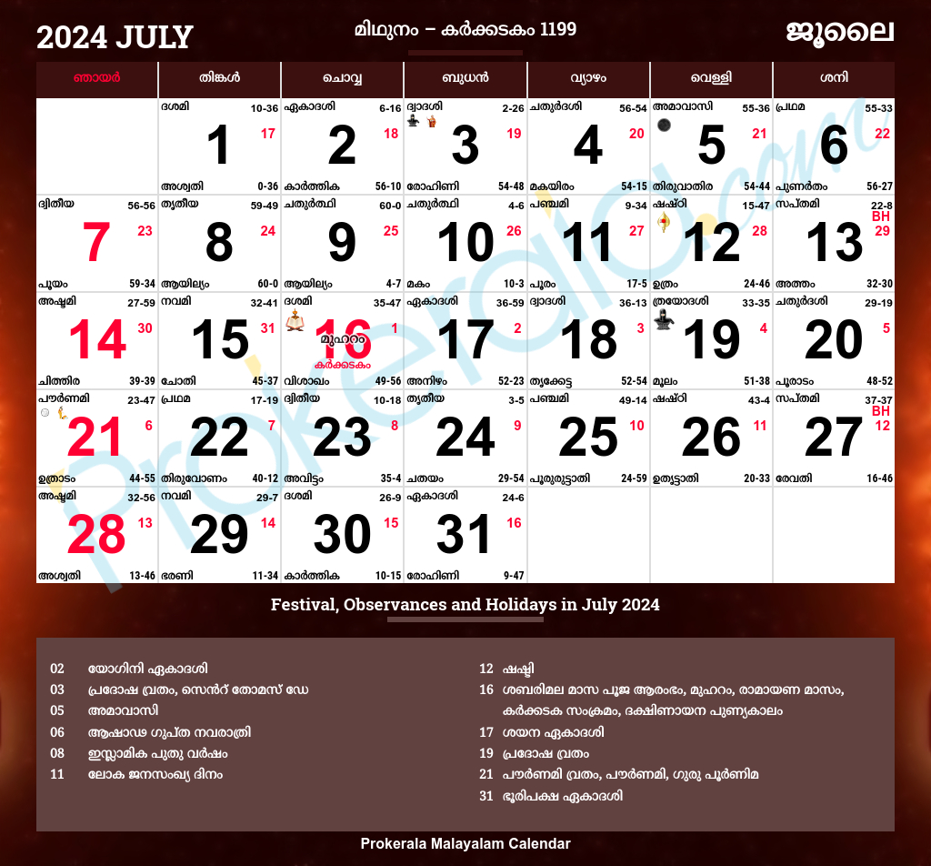 Malayalam Calendar 2024, July | Astrology Calendar July 2024