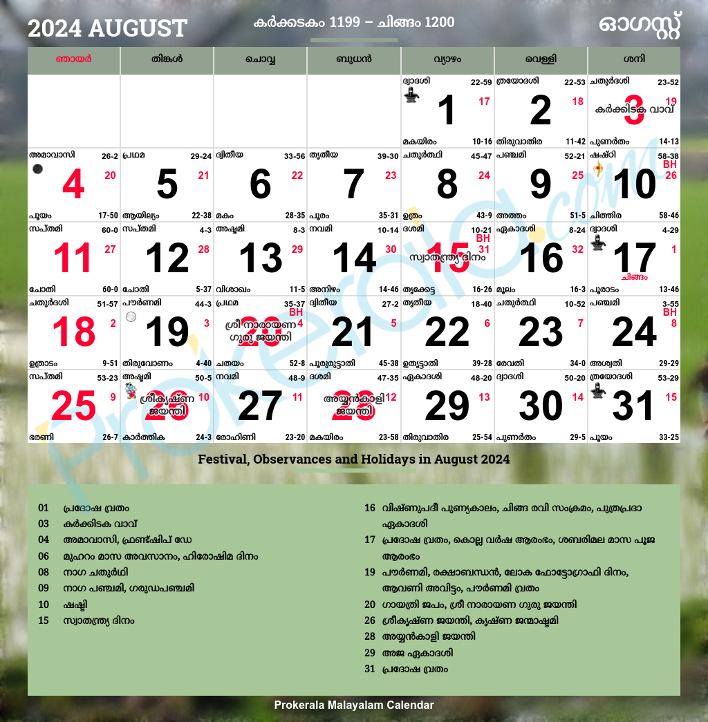 Malayalam Calendar 2024 | Kerala Festivals | Kerala Holidays 2024 | 2024 July Malayalam Calendar